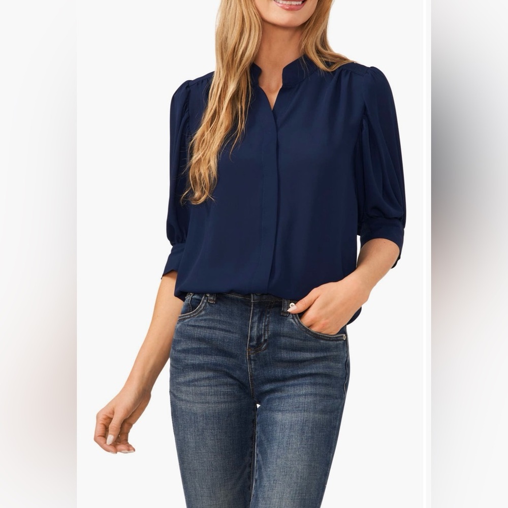 CeCe Navy Blue Puff-Sleeve Blouse